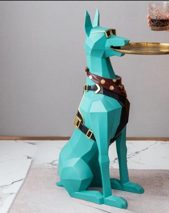 Serving Doberman Statue — Modern Dog Butler Sculpture with Tray