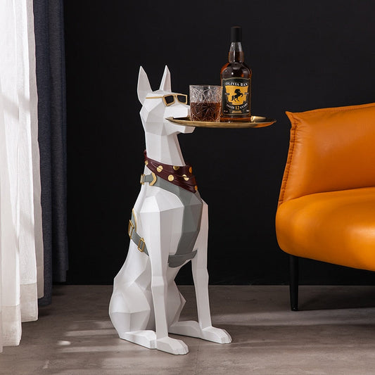 Serving Doberman Statue — Modern Dog Butler Sculpture with Tray