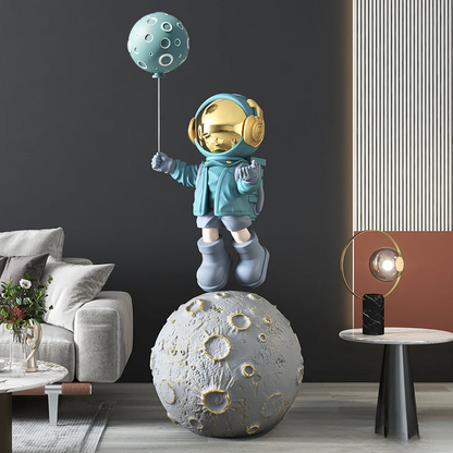 Moon astronaut XXL sculpture — teal moon balloon XL large space floor decor statue with size details