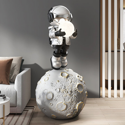 Moon astronaut XXL sculpture — silver large space floor decor statue with size details