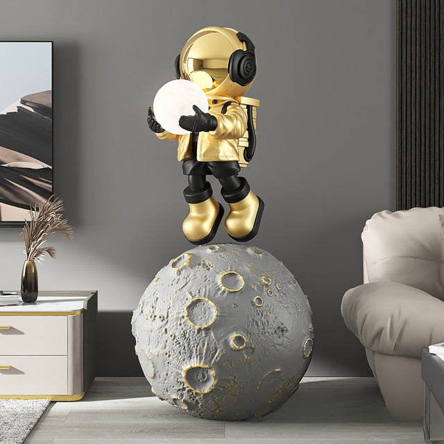 Moon astronaut XXL sculpture — gold large space floor decor statue with size details