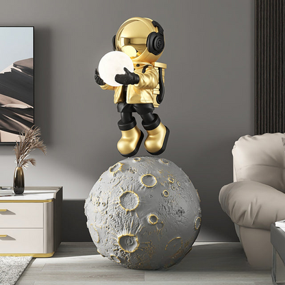 Moon astronaut XXL sculpture — gold large space floor decor statue with size details