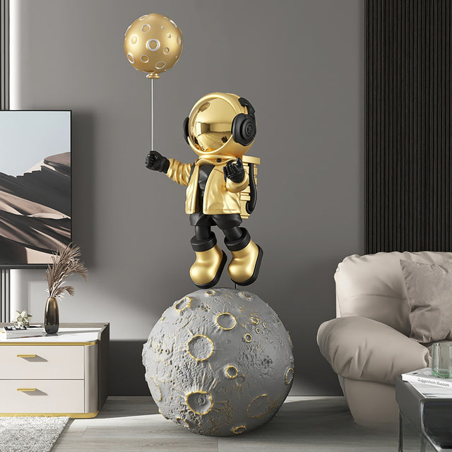 Moon astronaut XXL sculpture — gold moon balloon XL large space floor decor statue with size details