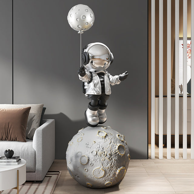 Moon astronaut XXL sculpture — silver moon balloon XL large space floor decor statue with size details