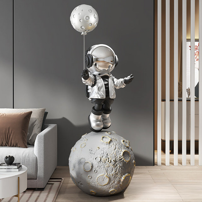 Moon astronaut XXL sculpture — silver moon balloon XL large space floor decor statue with size details