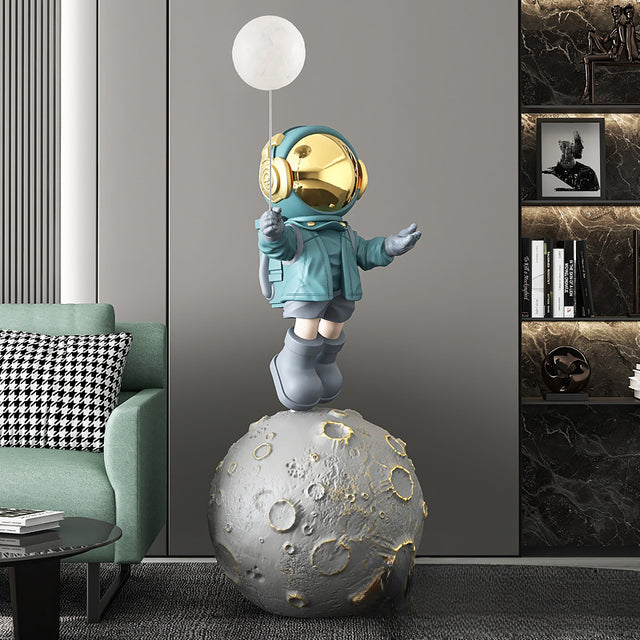 Moon astronaut XXL sculpture — teal balloon XL large space floor decor statue with size details