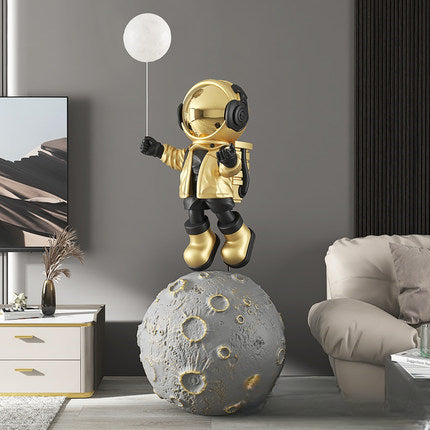 Moon astronaut XXL sculpture — gold large space floor decor statue with size details