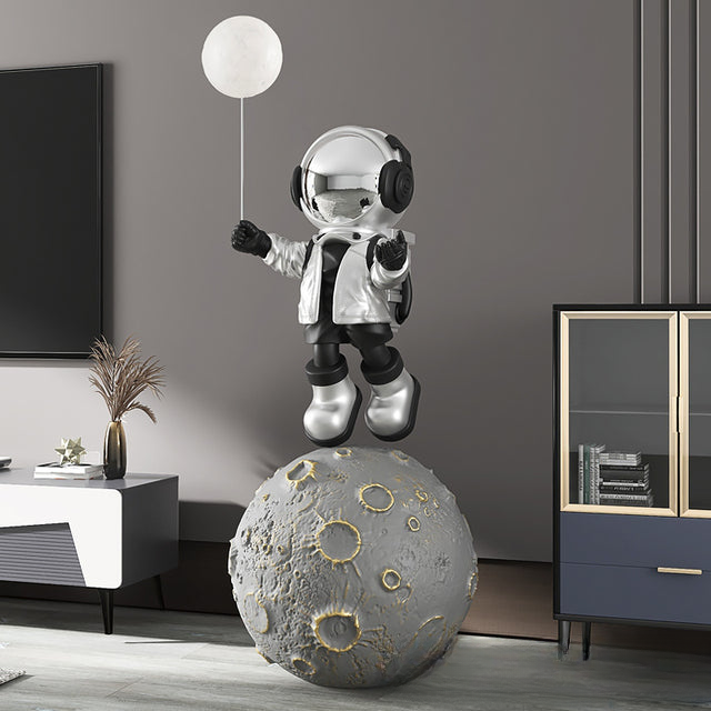 Moon astronaut XXL sculpture — silver balloon XL large space floor decor statue with size details