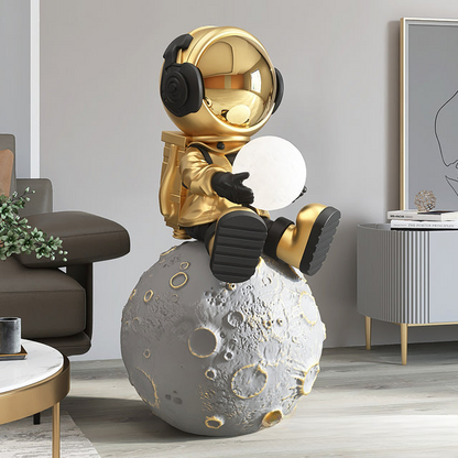 Moon astronaut XXL sculpture — gold seated large space floor decor statue with size details