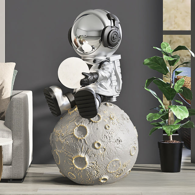 Moon astronaut XXL sculpture — silver seated large space floor decor statue with size details