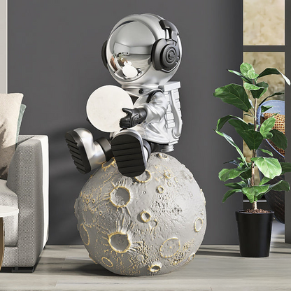 Moon astronaut XXL sculpture — silver seated large space floor decor statue with size details