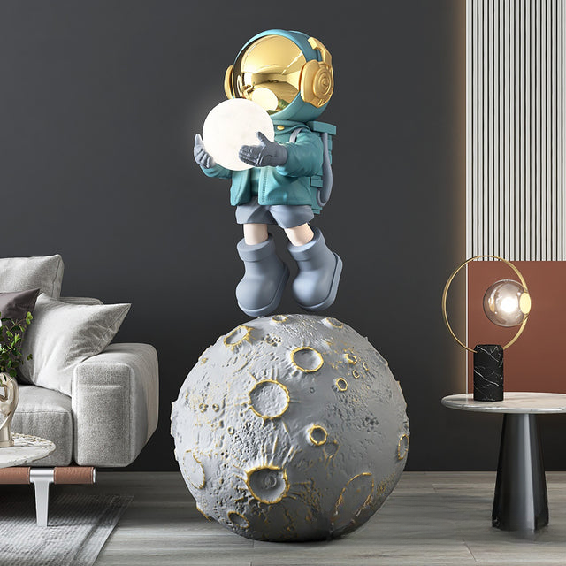 Moon astronaut XXL sculpture — teal large space floor decor statue with size details