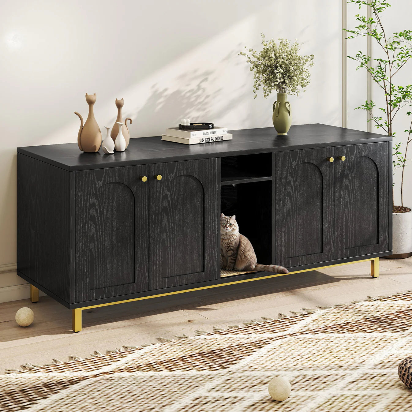Luxury black cat litter box enclosure furniture cabinet with double magnetic doors and scratching pad — Opulent Den