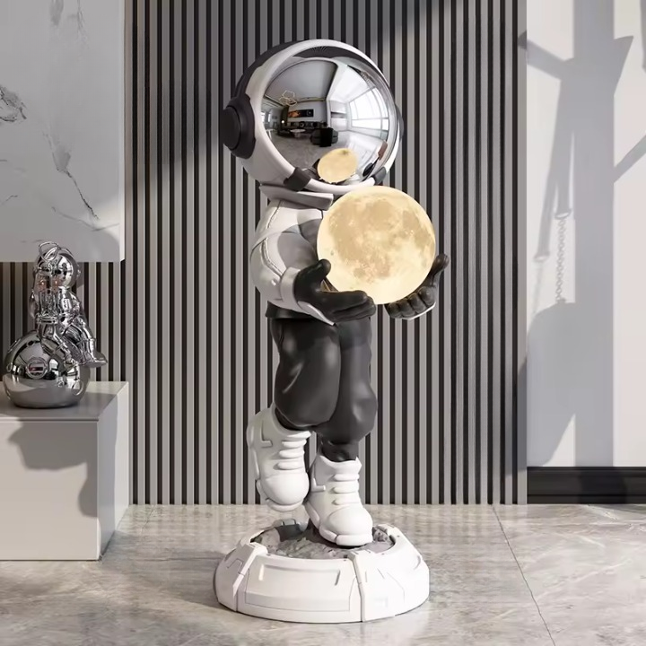 Lamp astronaut XXL — black and white large space decor floor sculpture with light