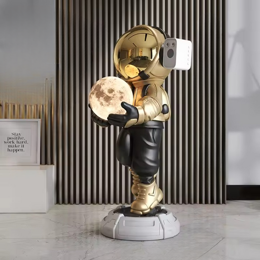 Lamp astronaut XXL — black and gold Bluetooth large space decor floor sculpture with light