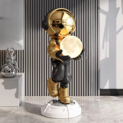 Lamp astronaut XXL — gold and black large space decor floor sculpture with light