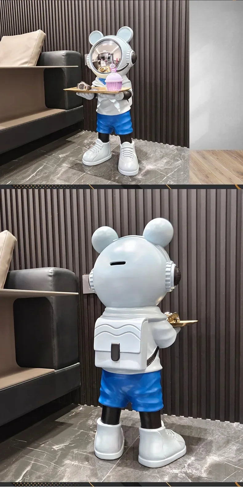 Large astronaut sculpture — blue luxury space decor figurine front and back views