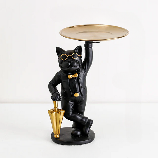 French bulldog statue with tray — black cool dog storage sculpture
