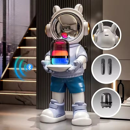Rabbit Astronaut Sculpture — Whimsical Space Decor Figurine with Tray
