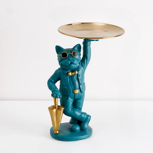French bulldog statue with tray — blue cool dog storage sculpture