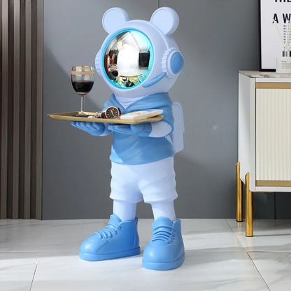 Large astronaut sculpture — blue luxury space decor figurine with tray