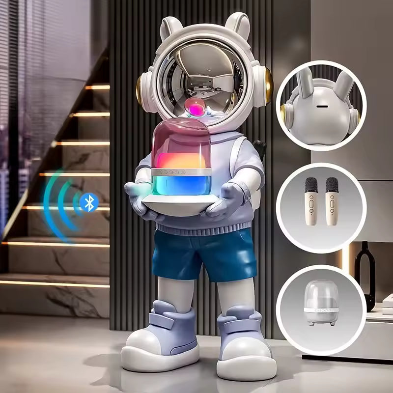 Rabbit Astronaut Sculpture — Whimsical Space Decor Figurine with Tray