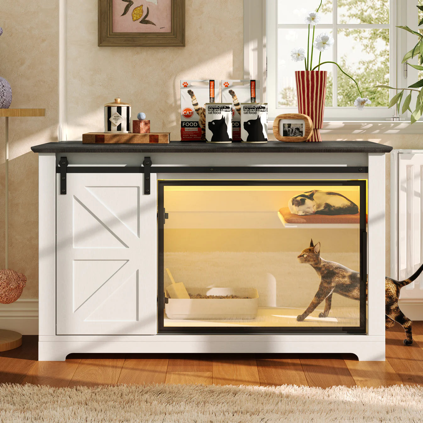 46 inch farmhouse cat litter box enclosure with white sliding barn door, acrylic window and app-controlled LED light — Opulent Den