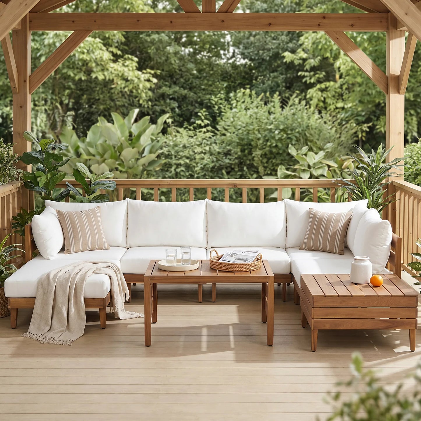 uxury 8-piece acacia wood modular sectional patio sofa set with storage and coffee table — Opulent Den outdoor furniture