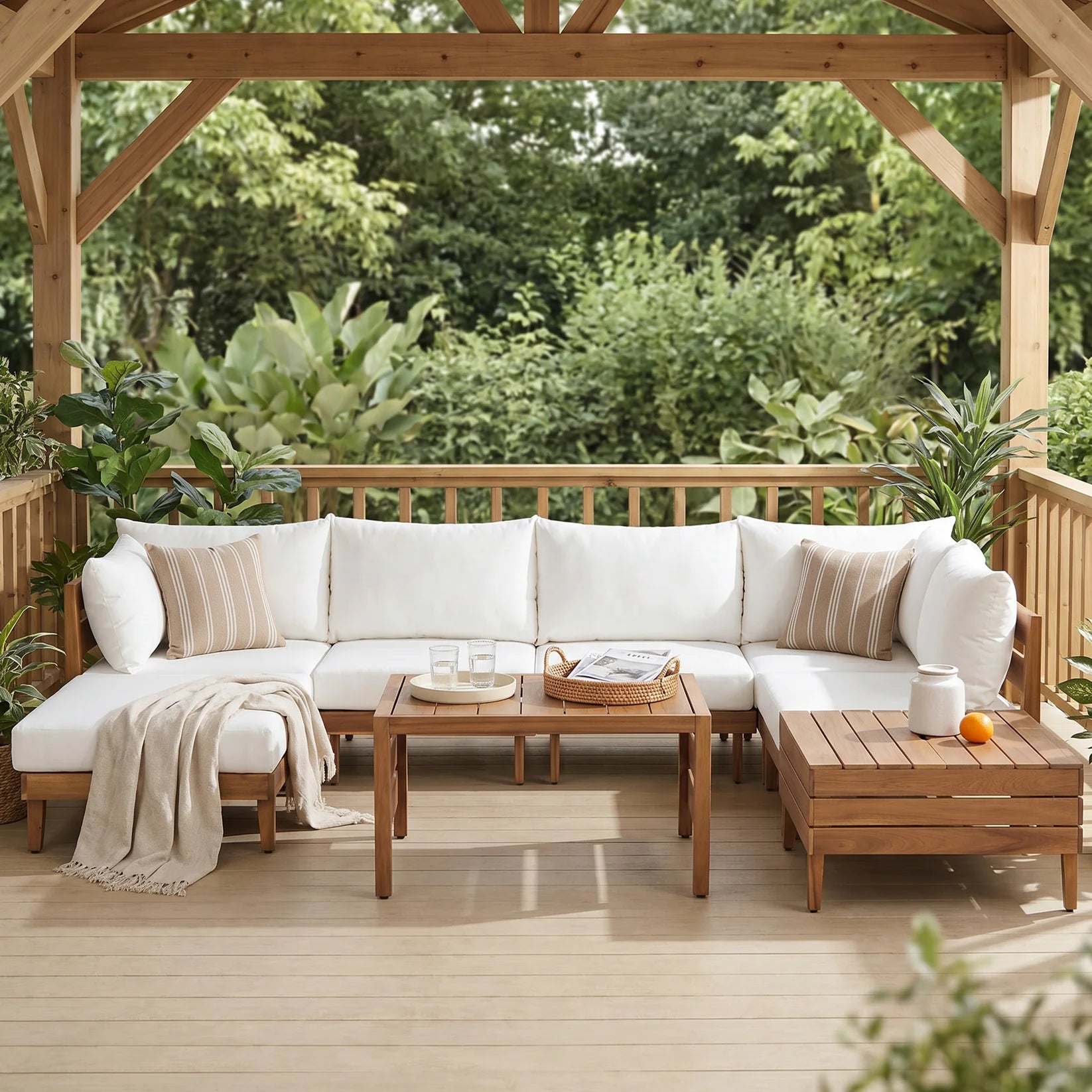 uxury 8-piece acacia wood modular sectional patio sofa set with storage and coffee table — Opulent Den outdoor furniture