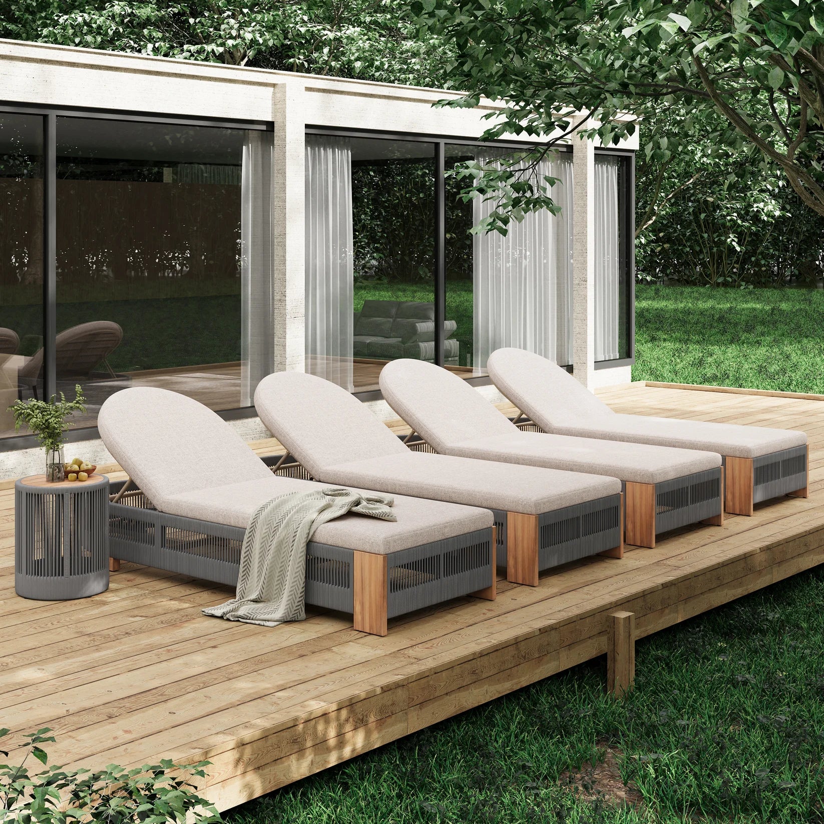 Luxury grey rope chaise lounge set with teak-look wood side table and beige cushions — adjustable backrest outdoor poolside furniture by Opulent Den