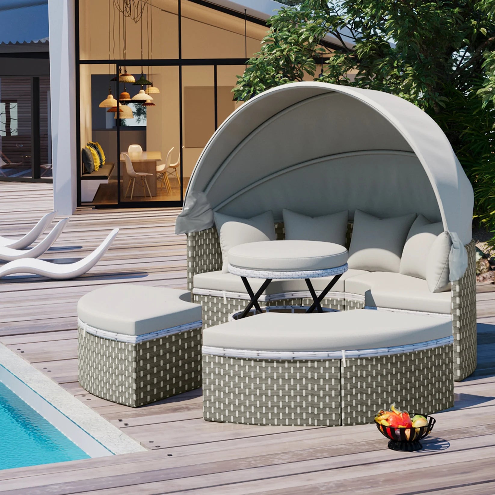 Luxury round rattan daybed sofa set with retractable canopy and removable cushions — grey two-tone outdoor sectional by Opulent Den