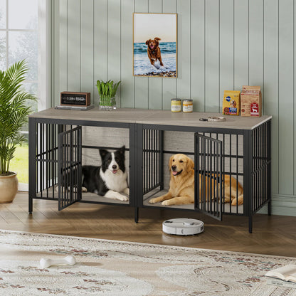 80 inch grey heavy duty double dog crate furniture with 2-door kennel design and rustic wood TV stand top — Opulent Den