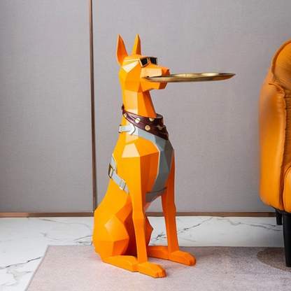 Serving Doberman Statue — Modern Dog Butler Sculpture with Tray
