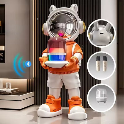 Rabbit Astronaut Sculpture — Whimsical Space Decor Figurine with Tray