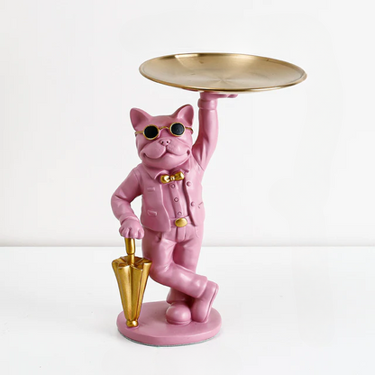 French bulldog statue with tray — pink cool dog storage sculpture
