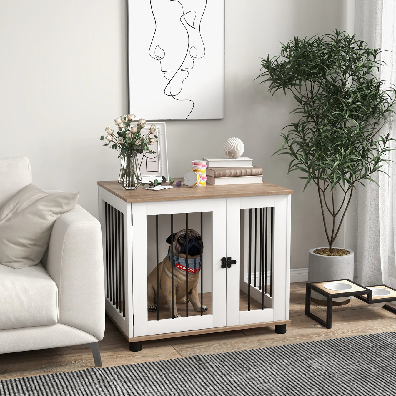 PawHut walnut brown dog crate furniture side table with lockable door and steel bar railings for small and medium dogs — Opulent Den