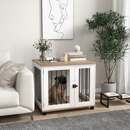 PawHut walnut brown dog crate furniture side table with lockable door and steel bar railings for small and medium dogs — Opulent Den