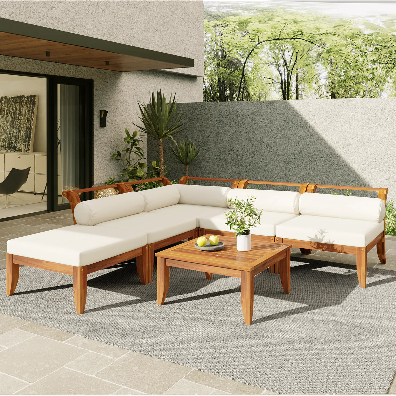 TopMax 6-piece acacia wood patio sofa set in teak and beige — L-shaped modular sectional with convertible daybed, ottoman and tea table — Opulent Den