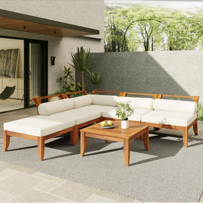 TopMax 6-piece acacia wood patio sofa set in teak and beige — L-shaped modular sectional with convertible daybed, ottoman and tea table — Opulent Den