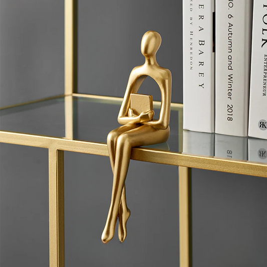 Mini posing figurines — sitting reading abstract gold resin bookshelf decor