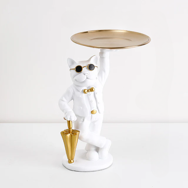 French bulldog statue with tray — white cool dog storage sculpture