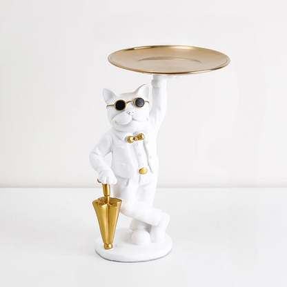 French bulldog statue with tray — white cool dog storage sculpture